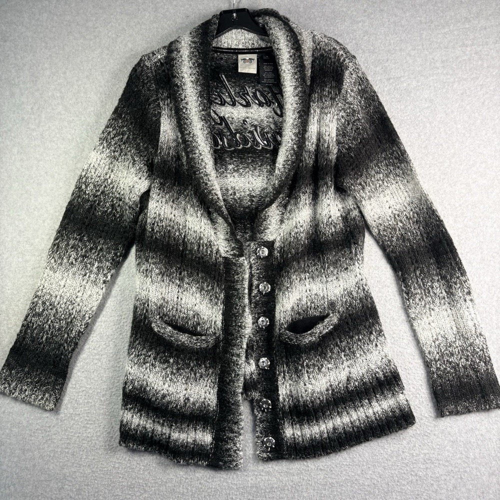 Harley Davidson Cardigan Sweater Women's L Button Up Ombré Snaps Black